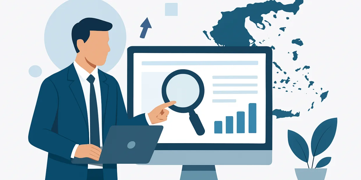 Επαγγελματίας εξετάζει την απόδοση SEO της επιχείρησής του σε φορητό υπολογιστή